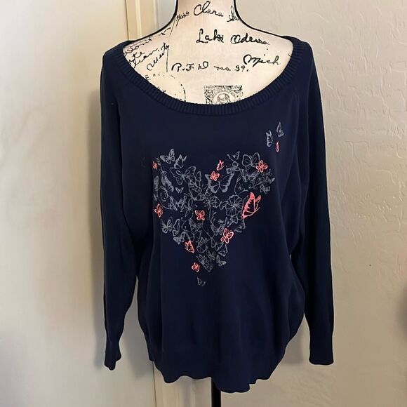 Torrid Blue Heart Embroidered Butterflies Design Pullover Sweatshirt Feminine - Picture 5 of 13